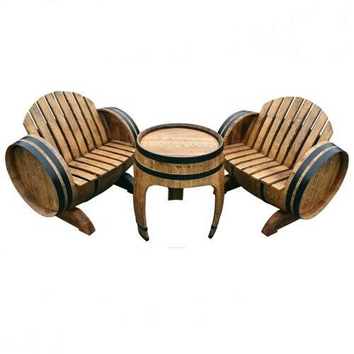 Holztisch + 2 Sessel aus Eichenfass