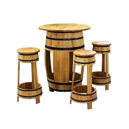 Barmöbel Set Holztisch + 4 Barhocker aus Eichen Weinfass