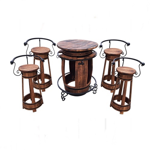 Holztisch aus Weinfass (Dunkel Holz) + 4 Barhocker SET Barmöbel